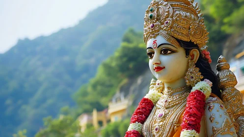 Photorealistic gilded deity sculpture with mountain backdrop.