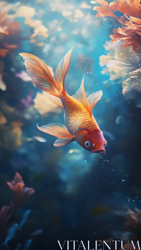 Luminescent goldfish gliding through ethereal coral water column.