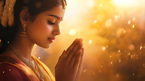 Soft golden prayer moment glows around a peaceful woman