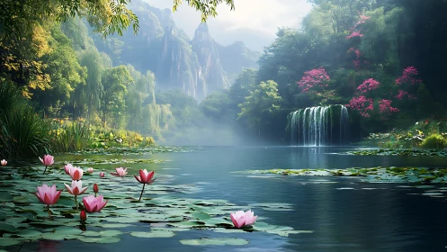 Serene mountain lake with lotus foreground and soft misted waterfall