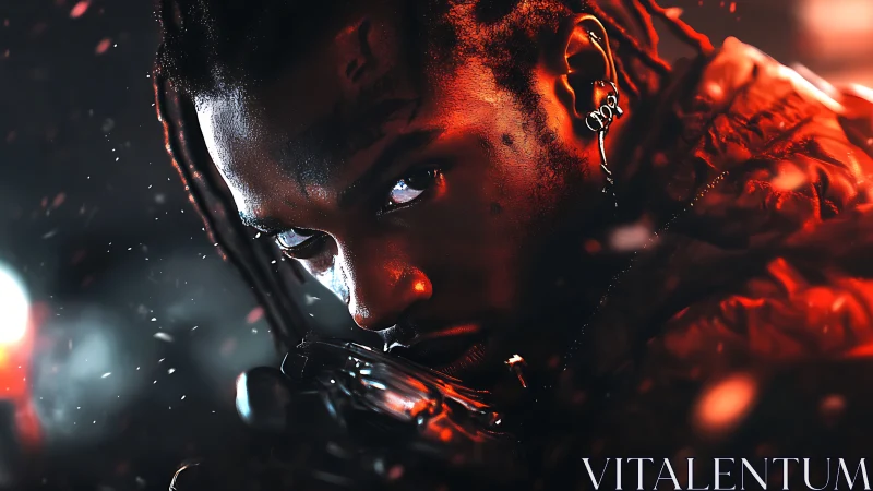 Intense cyber-styled portrait glows in dramatic red light