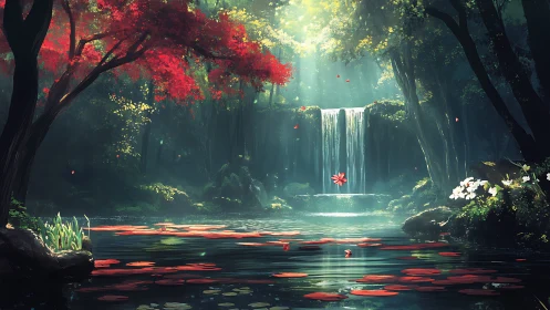 Tranquil forest waterfall with red leaves and lily pads.