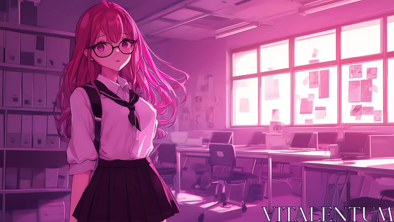 Pink-lit classroom reverie with introspective anime student.