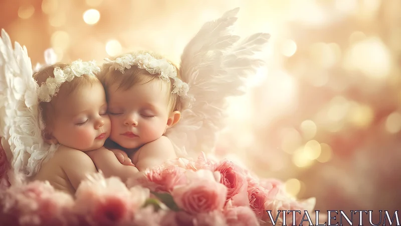 Sleeping twin angel babies with wings in soft light.