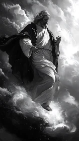 Serene robed figure walking on clouds in monochrome art.