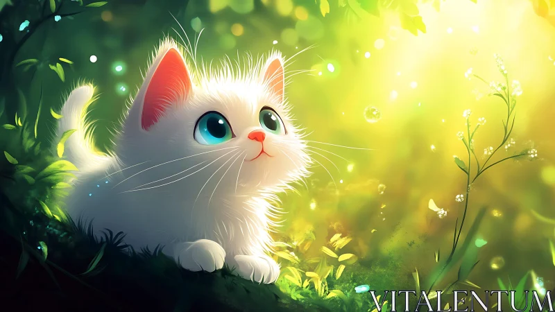 White Cat with Coral Ears in Luminescent Garden Setting