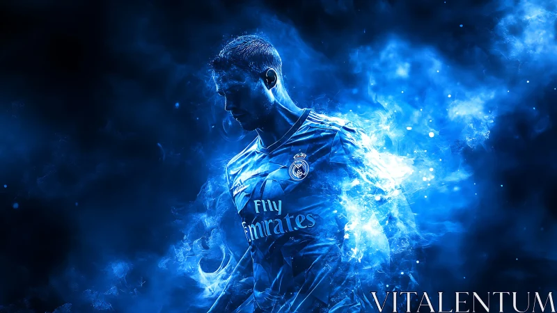 Electric blue football hero emerges from swirling energy mist