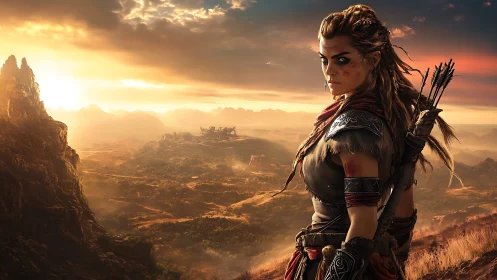 Armored archer watching a vast sunlit fantasy valley.