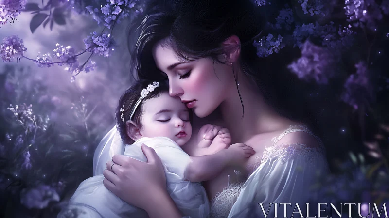 Ethereal Embrace: Mother and Child in Lavender Moonlight