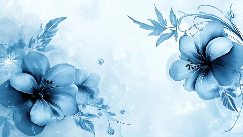 Blue floral composition with botanical elements rendered in watercolor technique