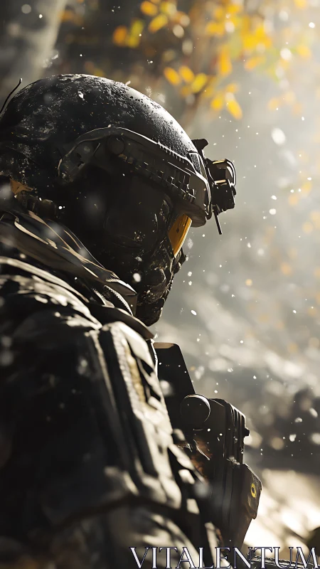 Backlit tactical operator with NVG helmet in shallow depth of field