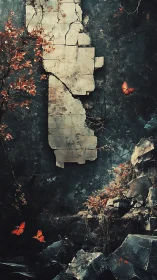 Crumbling stone pillar with autumn branches and butterflies.