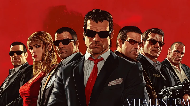 Crime syndicate lineup stares forward against blood red field