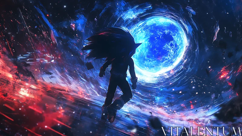 Silhouette hero sprints toward blazing cosmic vortex portal