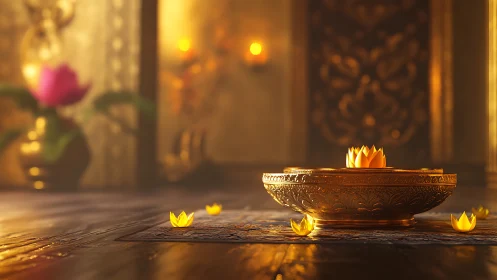 Golden lotus basin glows in a hush of temple twilight.