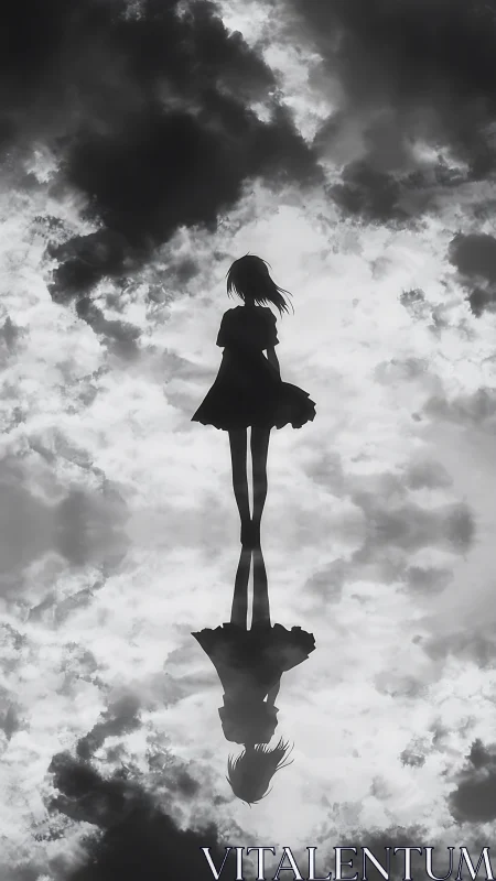 Silhouetted girl and reflection against cloudy sky.
