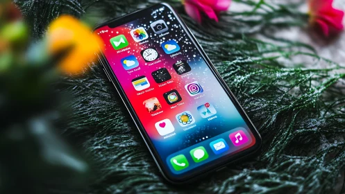 iOS Smartphone Displaying Multicolored Home Screen Applications Against Natural Foliage