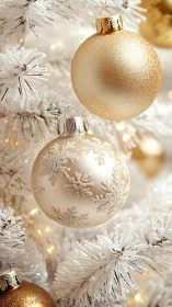 Photorealistic ivory and gold baubles on frosted fir branches.