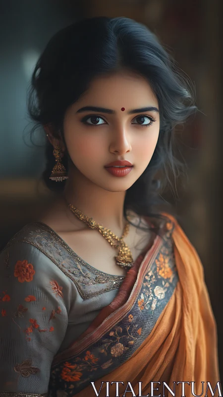 Digital portrait of Indian woman in embroidered saree and jewelry