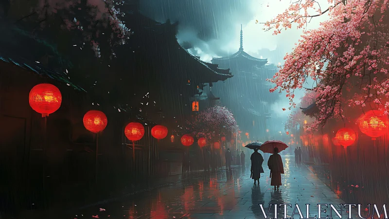 Lantern rain and cherry blossom whispers in old town dusk.