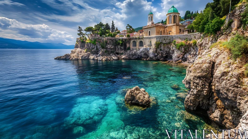 Coastal monastery on rocky peninsula overlooking turquoise water.