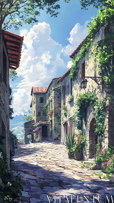 Sunlit stone village street curves between ivy-covered houses