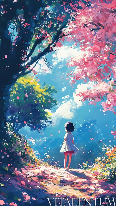Backlit girl under blooming trees on luminous forest path