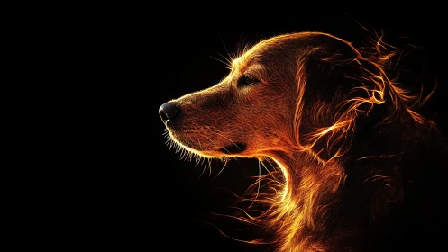 Golden dog in glowing ember light against deep night.