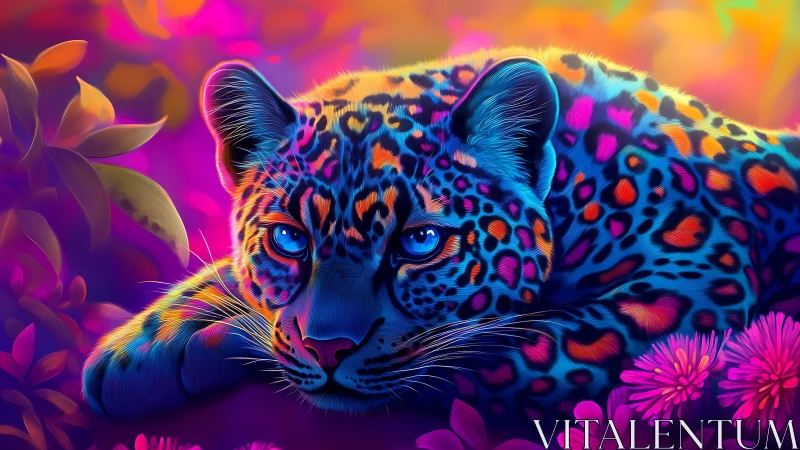 Neon Leopard with Fluorescent Flora Background.