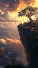 Lone tree crowns a glowing cliff above misty fantasy valley