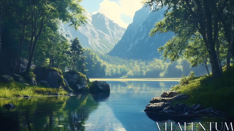 Whispering lake cradled by sunlit pines and blue mountains.