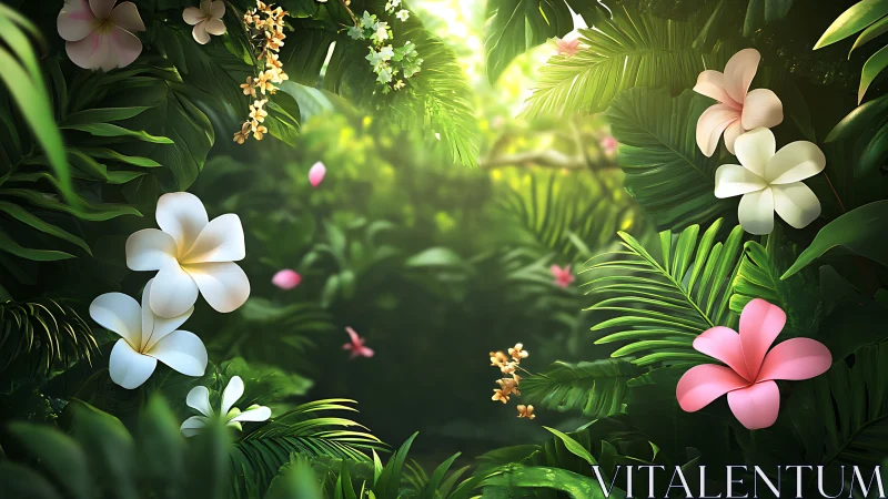 Lush tropical blossoms glow in a sunlit jungle clearing.