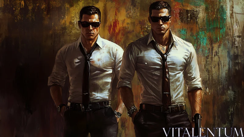 Twin suited enforcers stand poised against a gritty wall