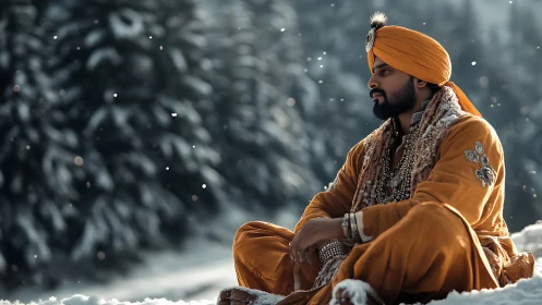 Regal man in saffron turban seated in snowy forest light.