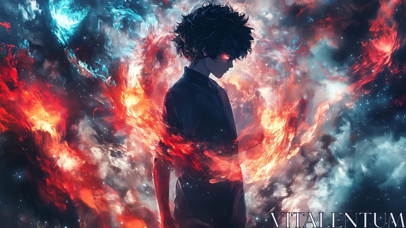 Silhouetted figure stands amid red and blue cosmic flames
