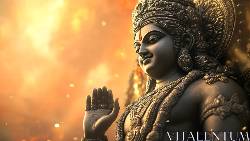 Serene Hindu deity statue against warm glowing bokeh background.