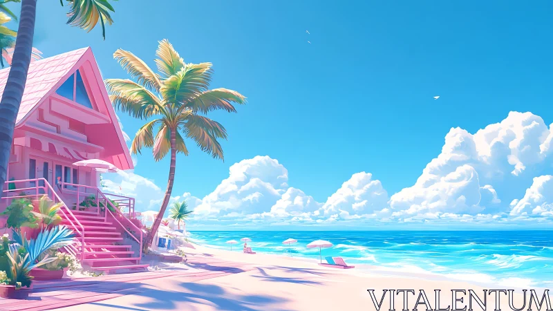 Pink Beach House Coastal Paradise Digital Illustration