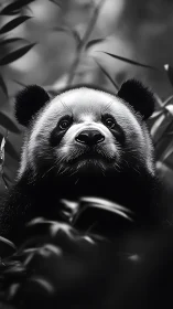 Panda gazes through bamboo shadows in soft monochrome light