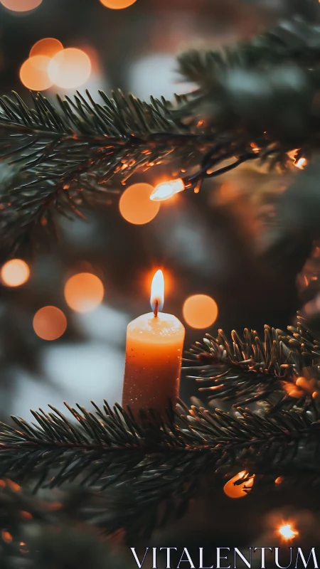 Single lit candle rests on evergreen branch with warm bokeh