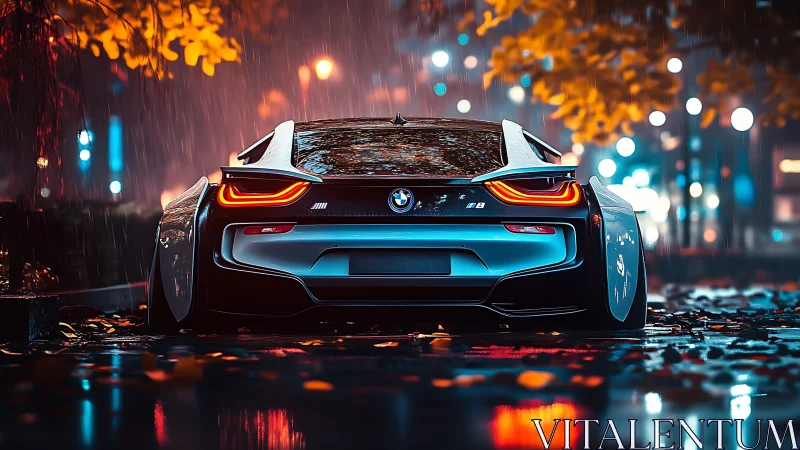 Futuristic BMW i8 glows on a neon‑lit rainy city street.