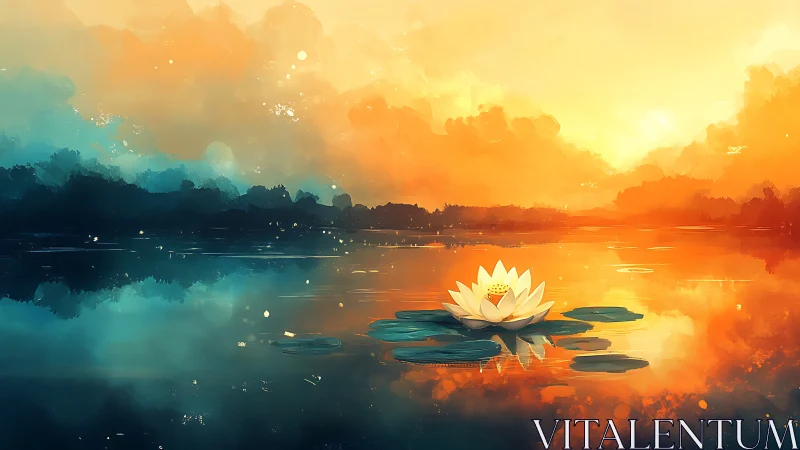 Golden sunrise reflects around tranquil lotus bloom on lake.