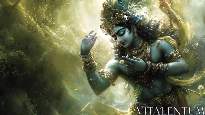 Divine blue-skinned dancer moves through luminous forest mist