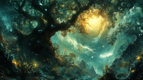 Bioluminescent Forest Cavern with Golden Celestial Portal and Luminous Canopy Architecture