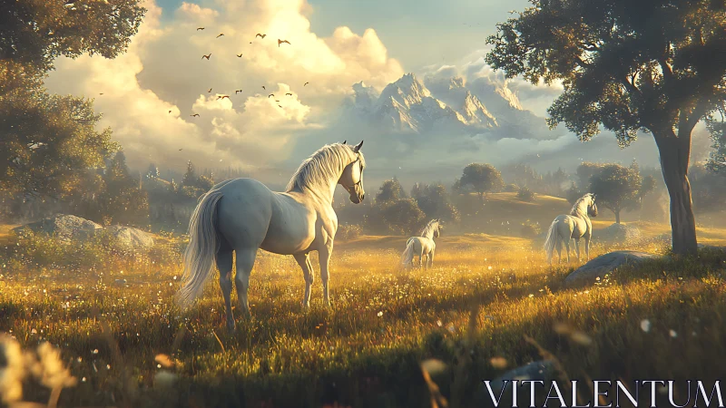 Sunlit white horses wandering through a dreamy golden meadow.
