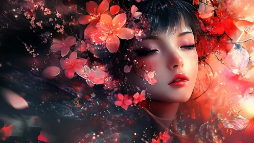 Dreaming among cherry blossoms in a soft crimson glow.