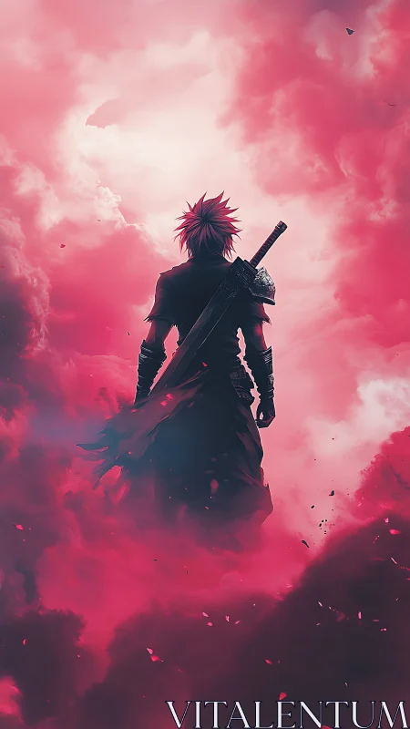 Sword-wielding anime warrior rising through crimson clouds.