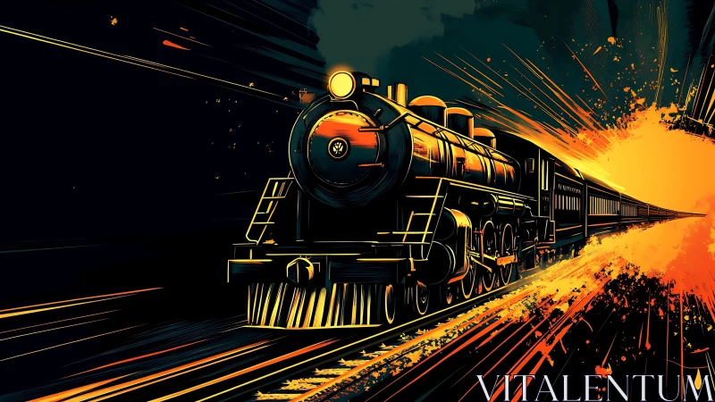 Steam locomotive accelerates into abstract orange light burst