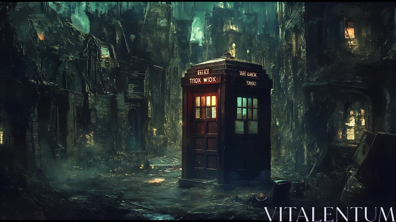 Lone sci fi phone box glowing in ruined dystopian alleyway.