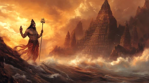 Mythological sea figure before towering temple city at dusk.