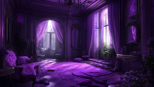 Lavender illuminated baroque salon with decaying opulence.